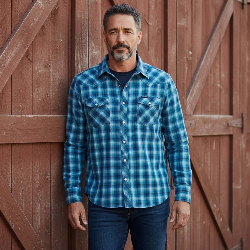 Wrangler Rock 47 Navy And Aqua Blue Plaid Pearl Snap Button Down Shirt